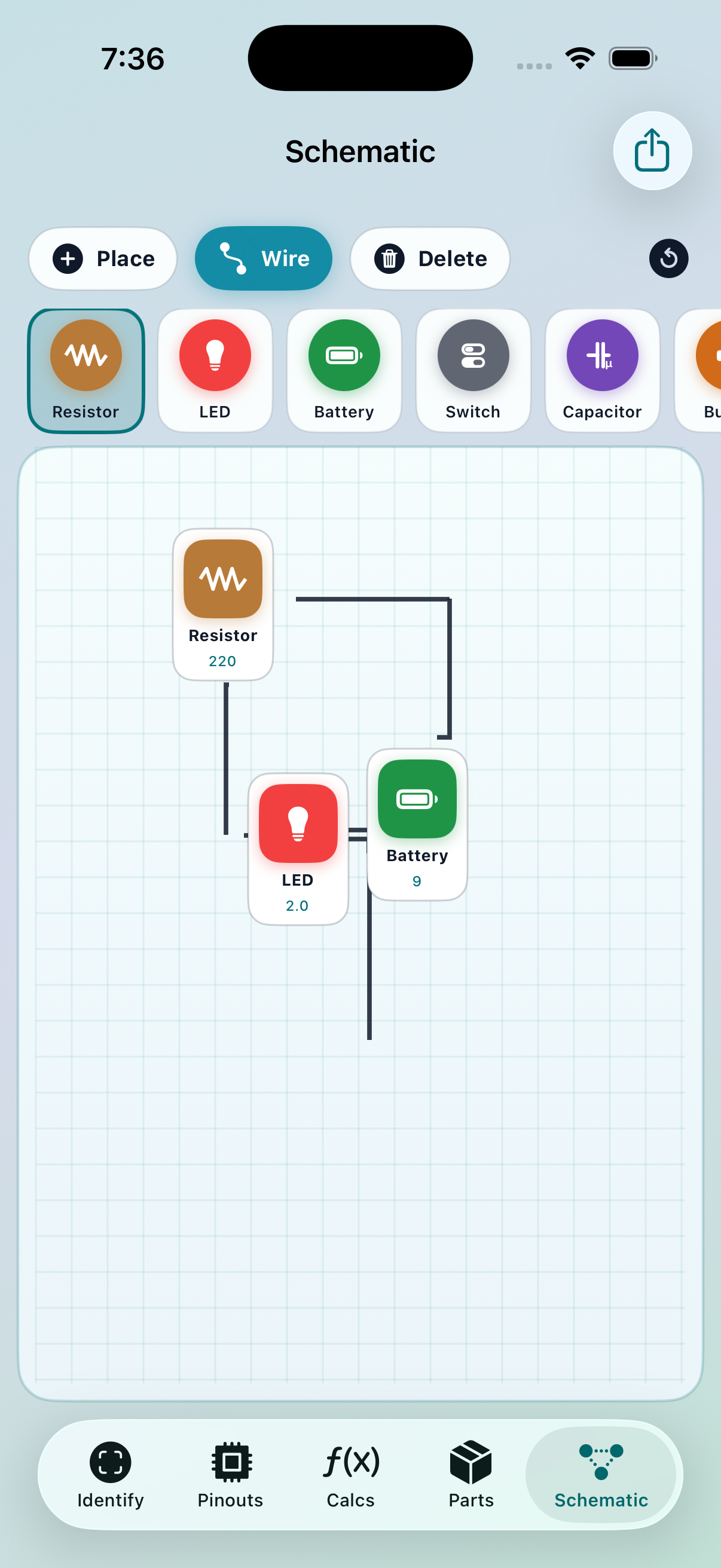 BenchBuddy Schematic editor with placed components and wiring