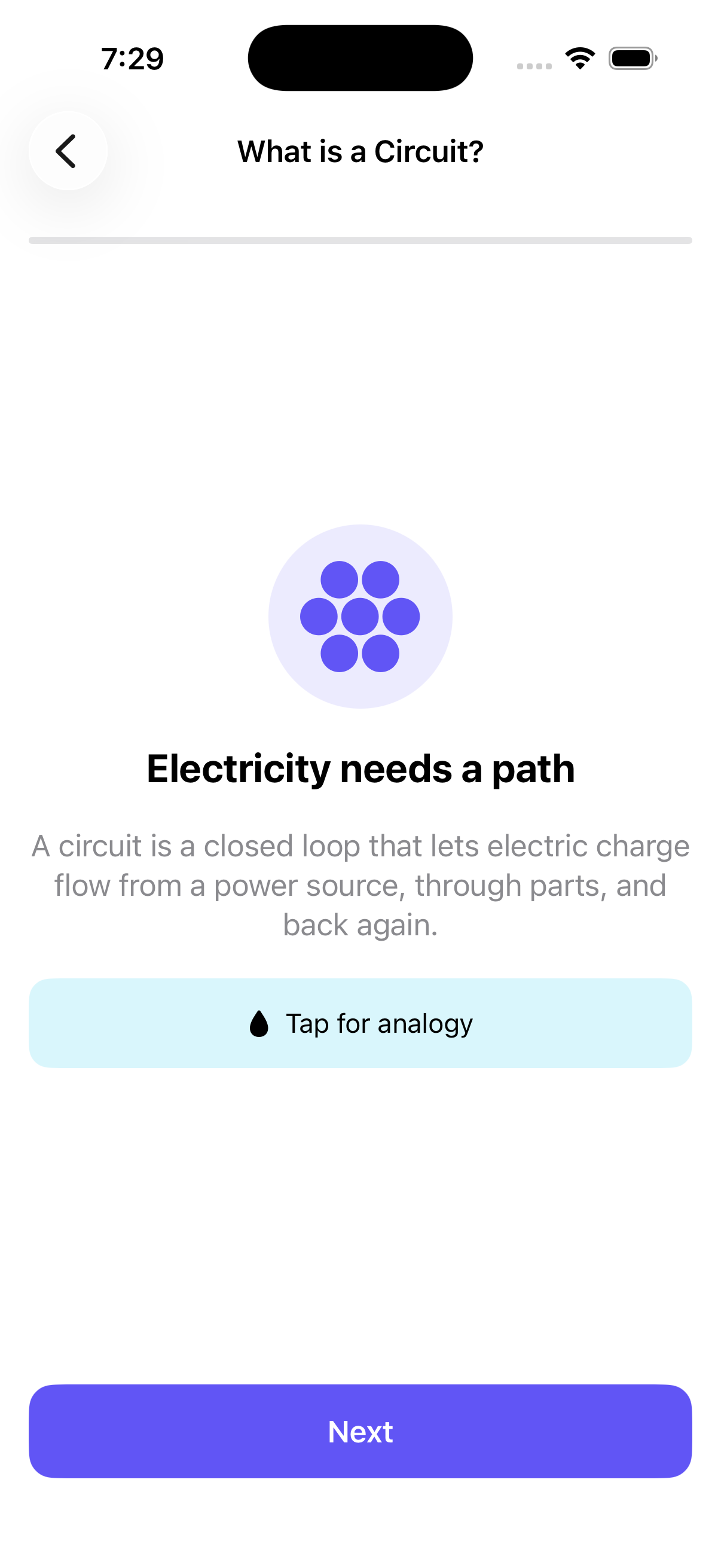 CircuitQuest "What is a Circuit?" lesson screen