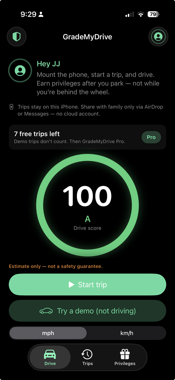 GradeMyDrive home — drive score and Start trip