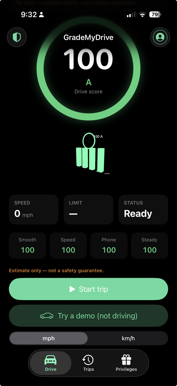 GradeMyDrive live score with Smooth, Speed, Phone, and Steady pillars
