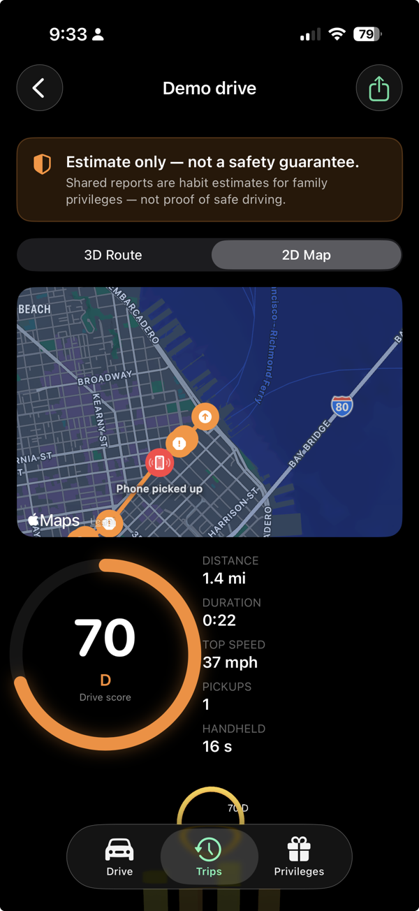 GradeMyDrive trip grade report after parking
