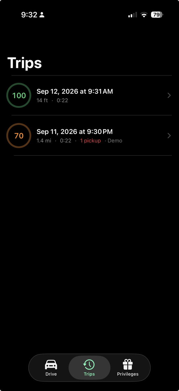 GradeMyDrive trip history list