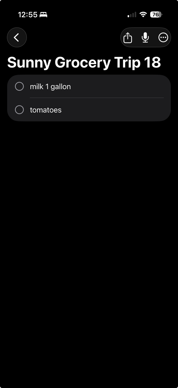 SpeakList shopping list with checkboxes for milk and tomatoes